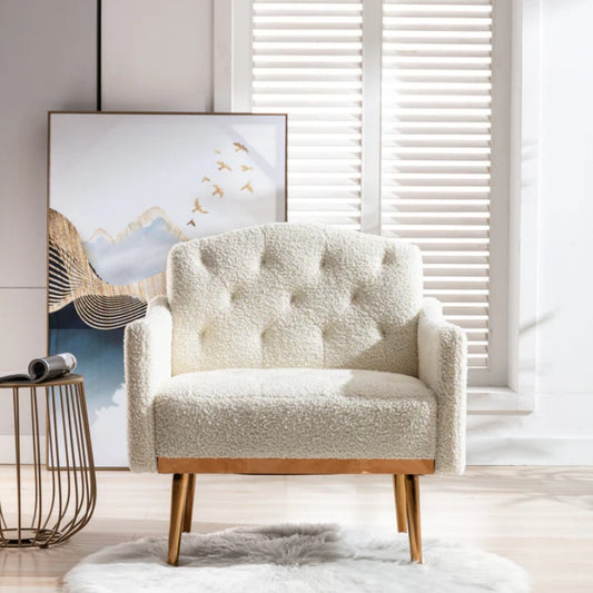 COOLMORE Modern Accent Chair with Arms, Tufted Decorative Fabric Armchair with Gold Metal Legs, Upholstered Reading Chair for Living Room Bedroom Office (White Teddy)-海智集-Default-