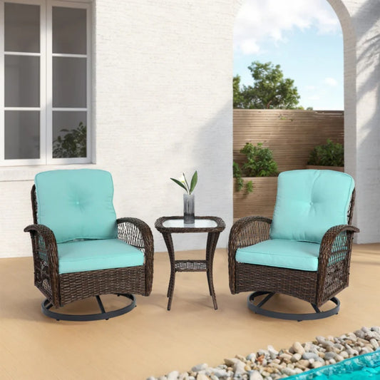 3 Pieces Outdoor Swivel Rocker Patio Chairs, 360 Degree Rocking Patio Conversation Set with Thickened Cushions and Glass Coffee Table for Backyard, Blue-海智集-Default-