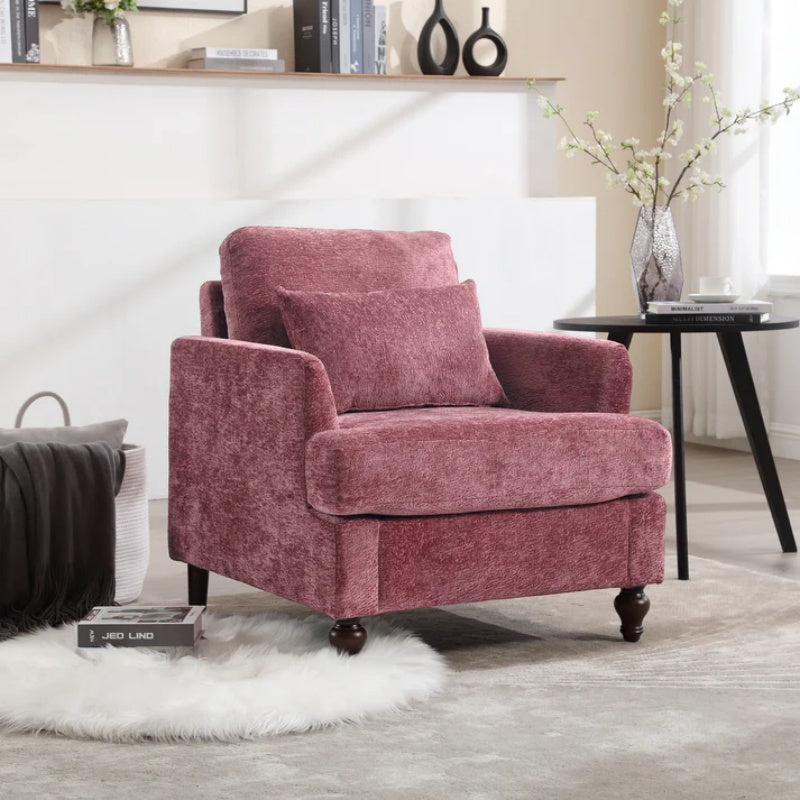 Mid Century Modern Wood Frame Armchair with Tufted Design and Studded Details in Wine Red Chenille Fabric-海智集-Default-