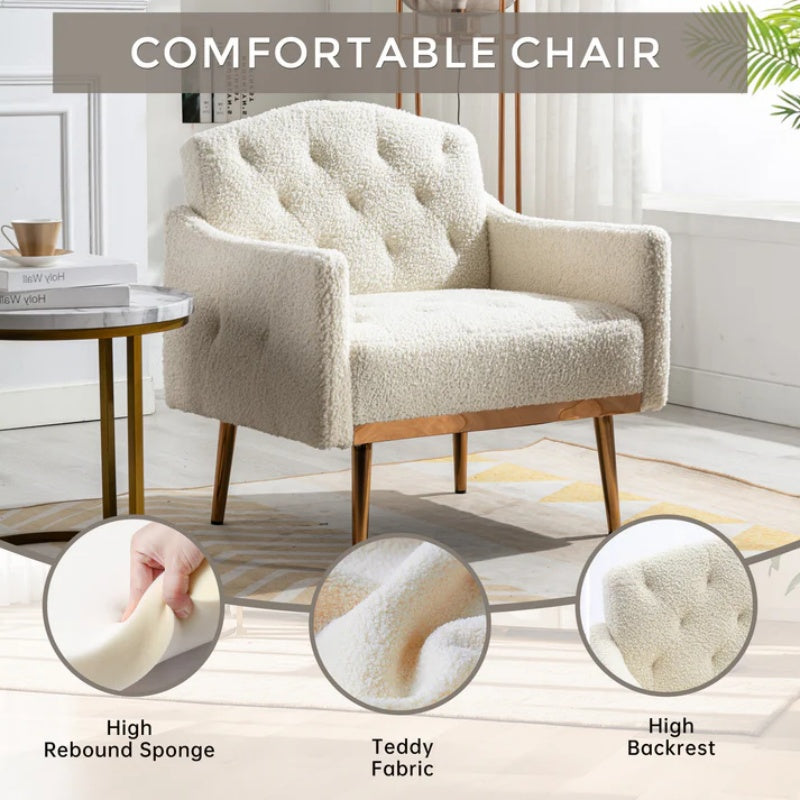 COOLMORE Modern Accent Chair with Arms, Tufted Decorative Fabric Armchair with Gold Metal Legs, Upholstered Reading Chair for Living Room Bedroom Office (White Teddy)-海智集-Default-