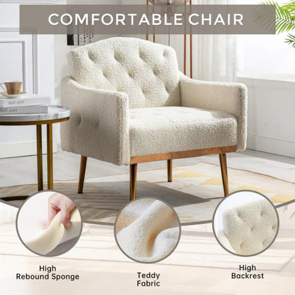 COOLMORE Modern Accent Chair with Arms, Tufted Decorative Fabric Armchair with Gold Metal Legs, Upholstered Reading Chair for Living Room Bedroom Office (White Teddy)-海智集-Default-