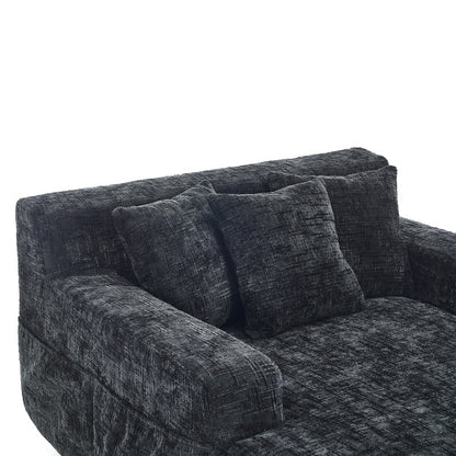 Chenille Interior Lazy Sofa Chaise Lounge Armchair with Three Pillows and Armrests, Black, Soft Chenille, 61.42x48.43x27.95 inches-海智集-Default-