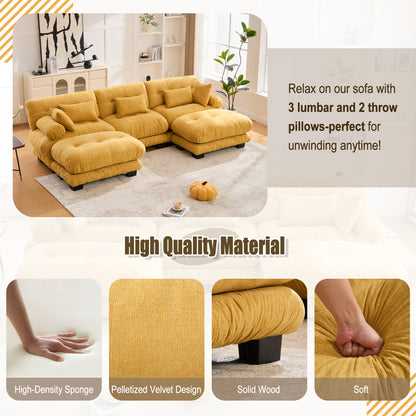 UNITED WE WIN Pelletized velvet U Shape Cloud Couch with 2 Ottomans,Free Combined 3 Seater Comfy Sofa with Bolster Armrest Pillows, sofa for Living Room-海智集-Default-