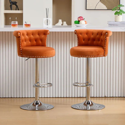 COOLMORE Velvet Bar Stool Set of 2, Adjustable Swivel Bar Stools with Silver Plated Metal Leg, Chrome Nailhead, Counter Height Chair for Kitchen,Dining Room-海智集-Default-