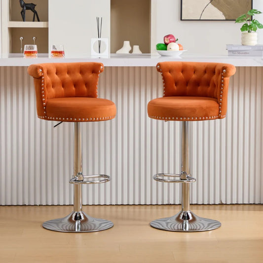 COOLMORE Velvet Bar Stool Set of 2, Adjustable Swivel Bar Stools with Silver Plated Metal Leg, Chrome Nailhead, Counter Height Chair for Kitchen,Dining Room-海智集-Default-
