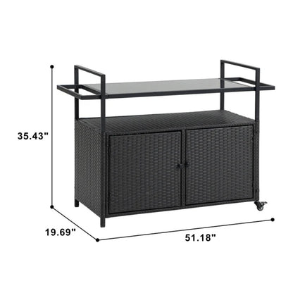 Outdoor Wicker Bar Cart, Patio Wine Serving Cart w/Wheels, Rolling Rattan Beverage Bar Counter Table w/Glass Top for Porch Backyard Garden Poolside Party, Black-海智集-Default-