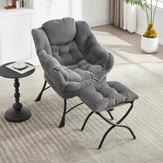 Lazy Chair with Ottoman, Modern Lounge Accent Chair with Armrests and a Side Pocket, Leisure Upholstered Sofa Chair Reading Chair with Footrest for Small Space, Corner Chair-Grey-海智集-Default-