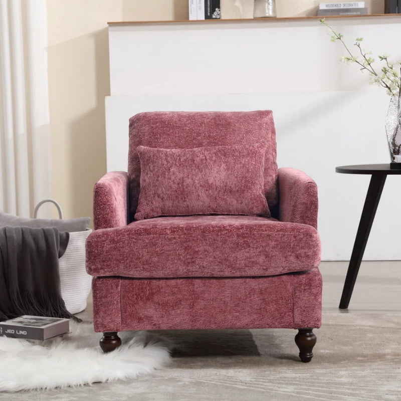 Mid Century Modern Wood Frame Armchair with Tufted Design and Studded Details in Wine Red Chenille Fabric-海智集-Default-