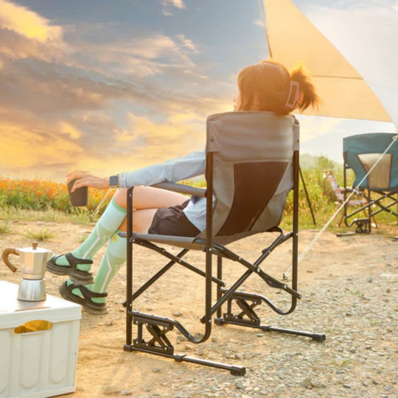 Outdoor Freestyle Rocker Camping Chair Portable Folding Rocking Chair with Solid, Durable Armrests, Drink Holder & Comfortable Backrest -Grey-海智集-Default-