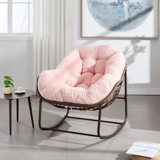 Outdoor Rattan Rocking Chair,Padded Cushion Rocker Recliner Chair Outdoor for Front Porch, Living Room, Patio, Garden, Pink-海智集-Default-
