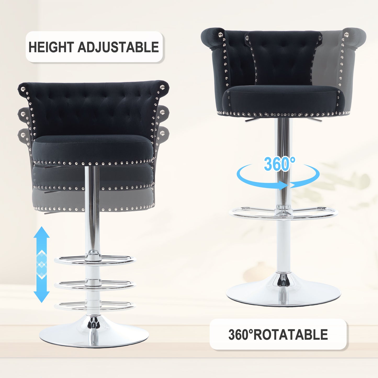 COOLMORE Velvet Bar Stool Set of 2, Adjustable Swivel Bar Stools with Silver Plated Metal Leg, Chrome Nailhead, Counter Height Chair for Kitchen,Dining Room-海智集-Default-