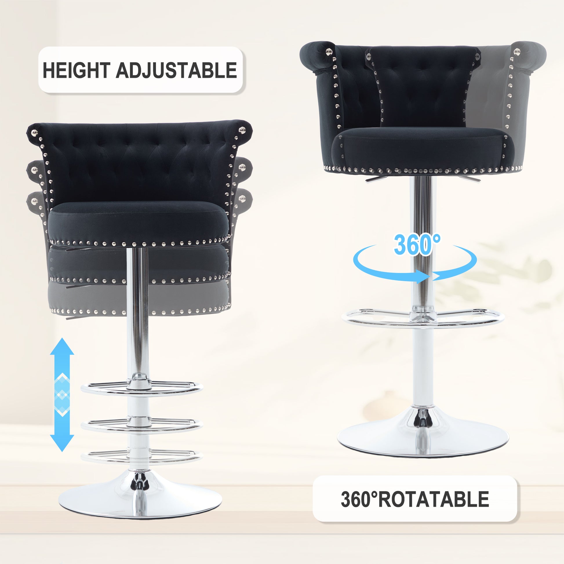COOLMORE Velvet Bar Stool Set of 2, Adjustable Swivel Bar Stools with Silver Plated Metal Leg, Chrome Nailhead, Counter Height Chair for Kitchen,Dining Room-海智集-Default-
