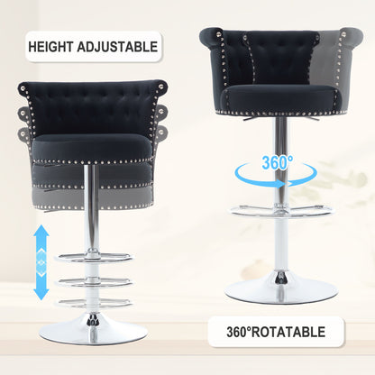 COOLMORE Velvet Bar Stool Set of 2, Adjustable Swivel Bar Stools with Silver Plated Metal Leg, Chrome Nailhead, Counter Height Chair for Kitchen,Dining Room-海智集-Default-