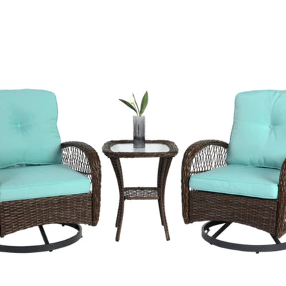 3 Pieces Outdoor Swivel Rocker Patio Chairs, 360 Degree Rocking Patio Conversation Set with Thickened Cushions and Glass Coffee Table for Backyard, Blue-海智集-Default-