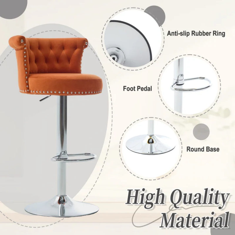 COOLMORE Velvet Bar Stool Set of 2, Adjustable Swivel Bar Stools with Silver Plated Metal Leg, Chrome Nailhead, Counter Height Chair for Kitchen,Dining Room-海智集-Default-