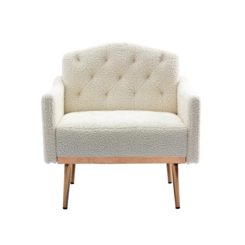 COOLMORE Modern Accent Chair with Arms, Tufted Decorative Fabric Armchair with Gold Metal Legs, Upholstered Reading Chair for Living Room Bedroom Office (White Teddy)-海智集-Default-