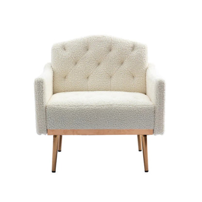 COOLMORE Modern Accent Chair with Arms, Tufted Decorative Fabric Armchair with Gold Metal Legs, Upholstered Reading Chair for Living Room Bedroom Office (White Teddy)-海智集-Default-