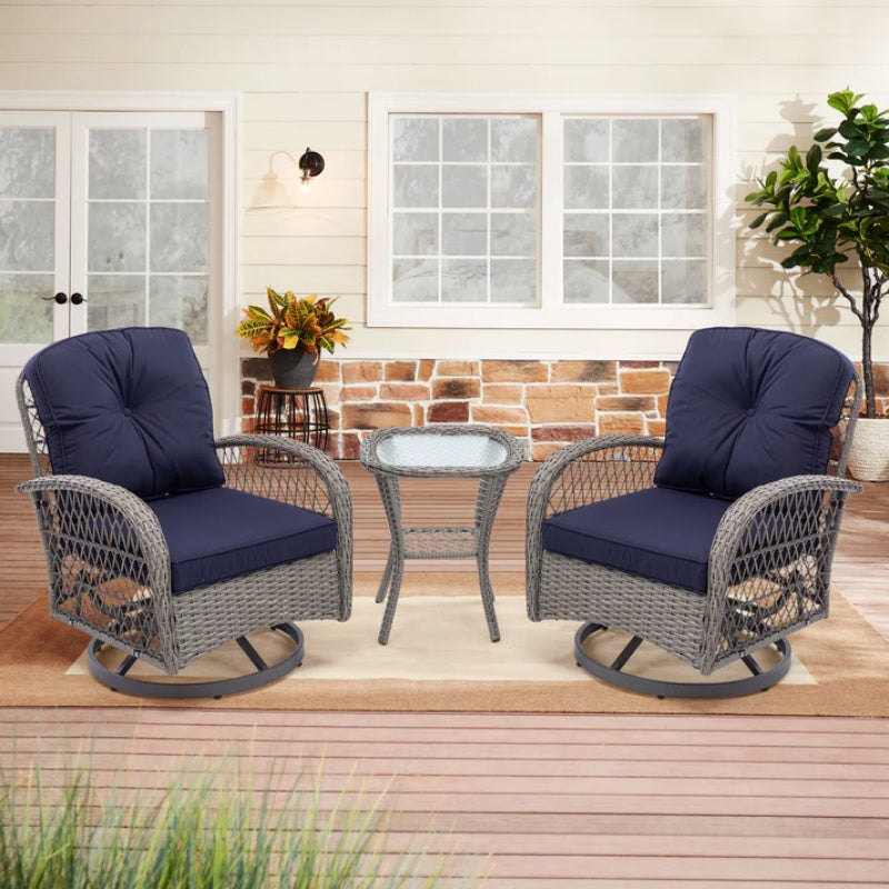 3 Pieces Outdoor Swivel Rocker Patio Chairs, 360 Degree Rocking Patio Conversation Set with Thickened Cushions and Glass Coffee Table for Backyard, Navy blue-海智集-Default-