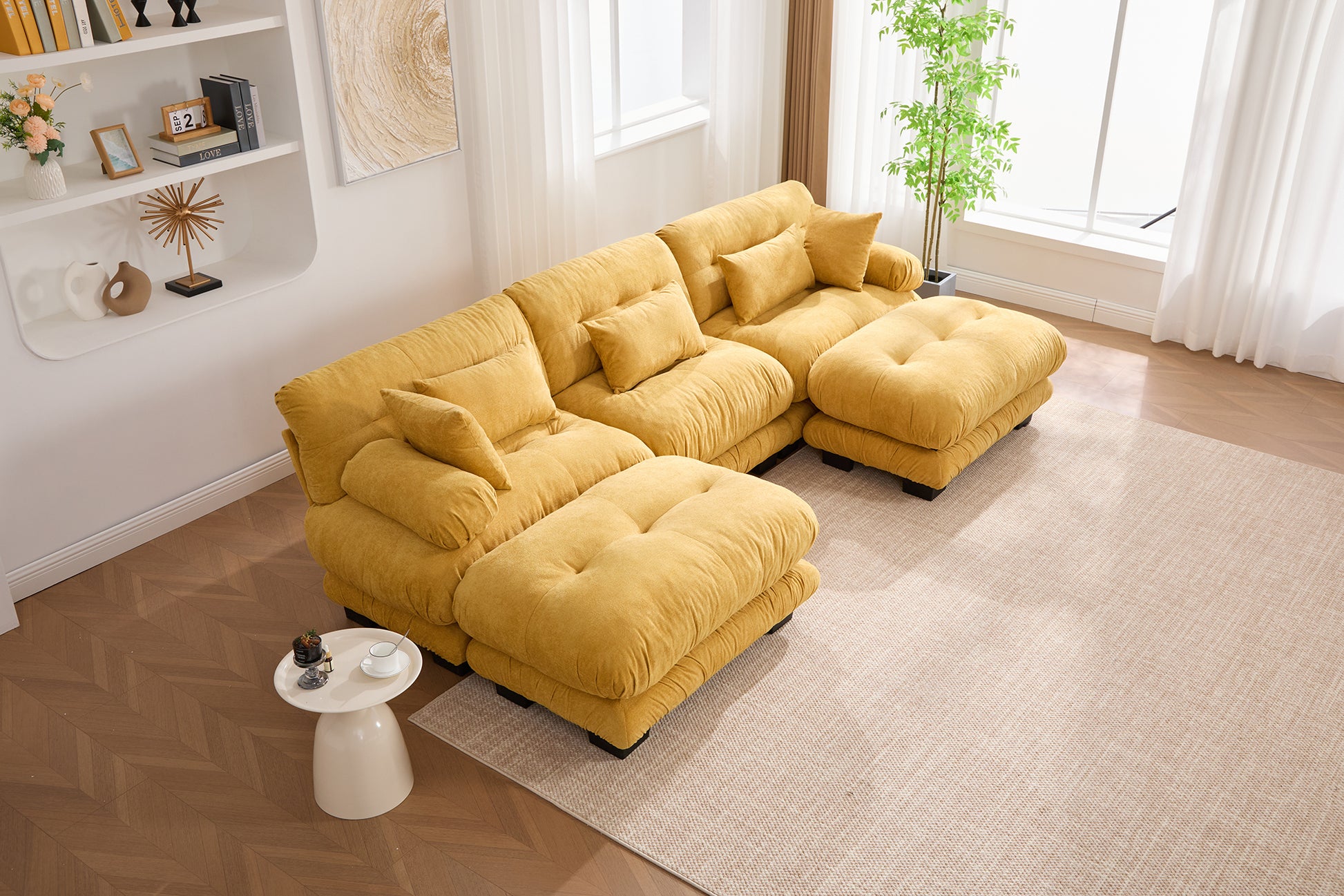 UNITED WE WIN Pelletized velvet U Shape Cloud Couch with 2 Ottomans,Free Combined 3 Seater Comfy Sofa with Bolster Armrest Pillows, sofa for Living Room-海智集-Default-