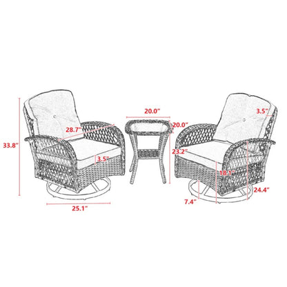 3 Pieces Outdoor Swivel Rocker Patio Chairs, 360 Degree Rocking Patio Conversation Set with Thickened Cushions and Glass Coffee Table for Backyard, Navy blue-海智集-Default-