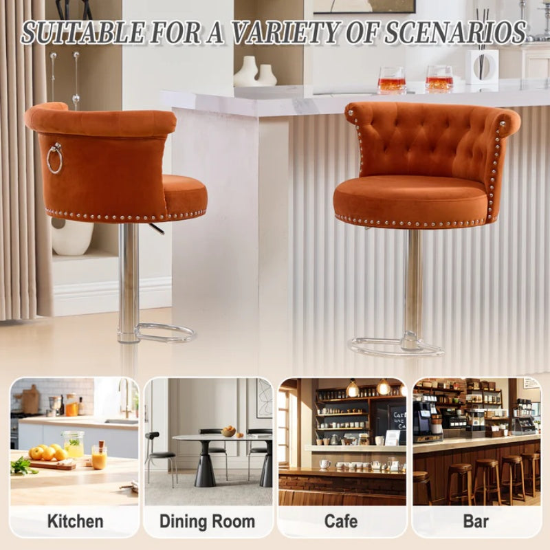 COOLMORE Velvet Bar Stool Set of 2, Adjustable Swivel Bar Stools with Silver Plated Metal Leg, Chrome Nailhead, Counter Height Chair for Kitchen,Dining Room-海智集-Default-