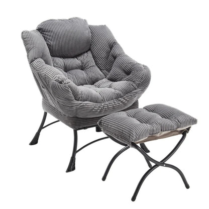 Lazy Chair with Ottoman, Modern Lounge Accent Chair with Armrests and a Side Pocket, Leisure Upholstered Sofa Chair Reading Chair with Footrest for Small Space, Corner Chair-Grey-海智集-Default-