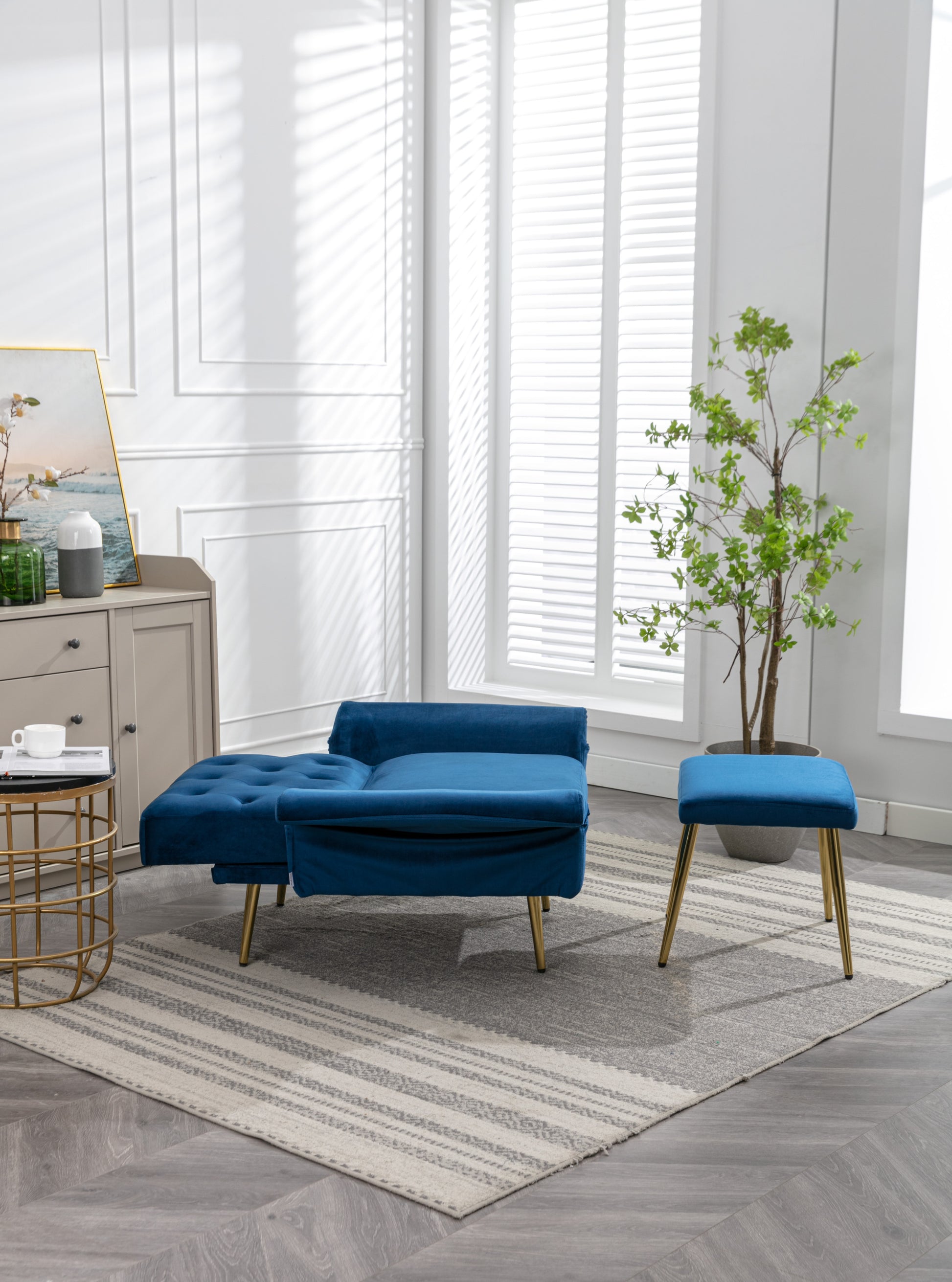 COOLMORE Velvet Accent Chair with Adjustable Armrests and Backrest, Button Tufted Lounge Chair, Single Recliner Armchair with Ottoman-海智集-Default-