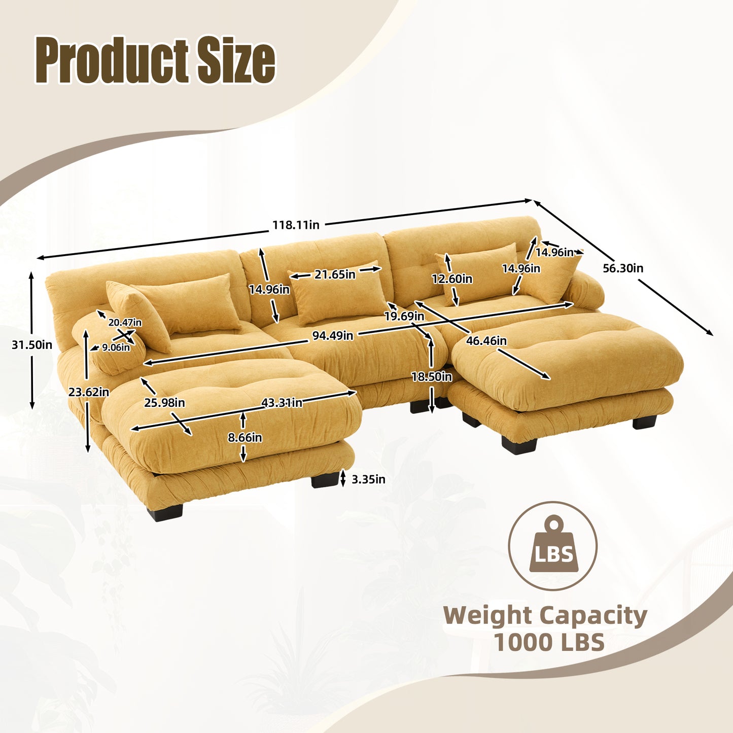 UNITED WE WIN Pelletized velvet U Shape Cloud Couch with 2 Ottomans,Free Combined 3 Seater Comfy Sofa with Bolster Armrest Pillows, sofa for Living Room-海智集-Default-