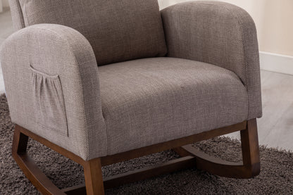 Rocking Chair, Modern Glider Chair, Recliner Armchair with Wood Legs and Side Pocket, Nursery Rocking Accent Chair with High Back for Living Room Bedroom (Grey linen)-海智集-Default-