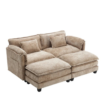 UNITED WE WIN Chenille fabric, solid construction, the overall structure of the sofa is stable, detachable armrests, two foot stools and two-seat sofa with side pockets-海智集-Default-