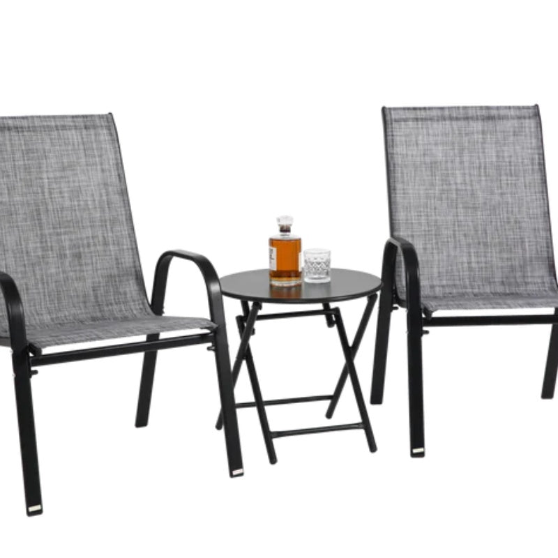 3 Piece Patio set, Outdoor Camping Chairs with Breathable Textilene Fabric, folding table with steel table top, 2chairs and 1table set ( Grey)-海智集-Default-