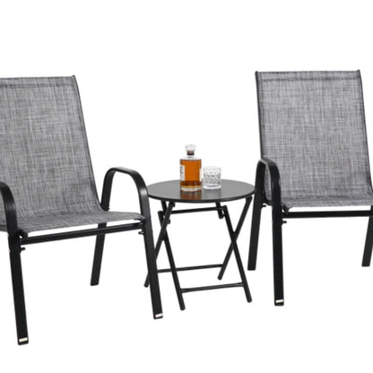 3 Piece Patio set, Outdoor Camping Chairs with Breathable Textilene Fabric, folding table with steel table top, 2chairs and 1table set ( Grey)-海智集-Default-
