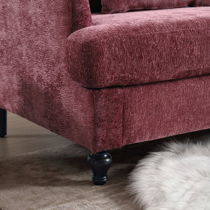 Mid Century Modern Wood Frame Armchair with Tufted Design and Studded Details in Wine Red Chenille Fabric-海智集-Default-