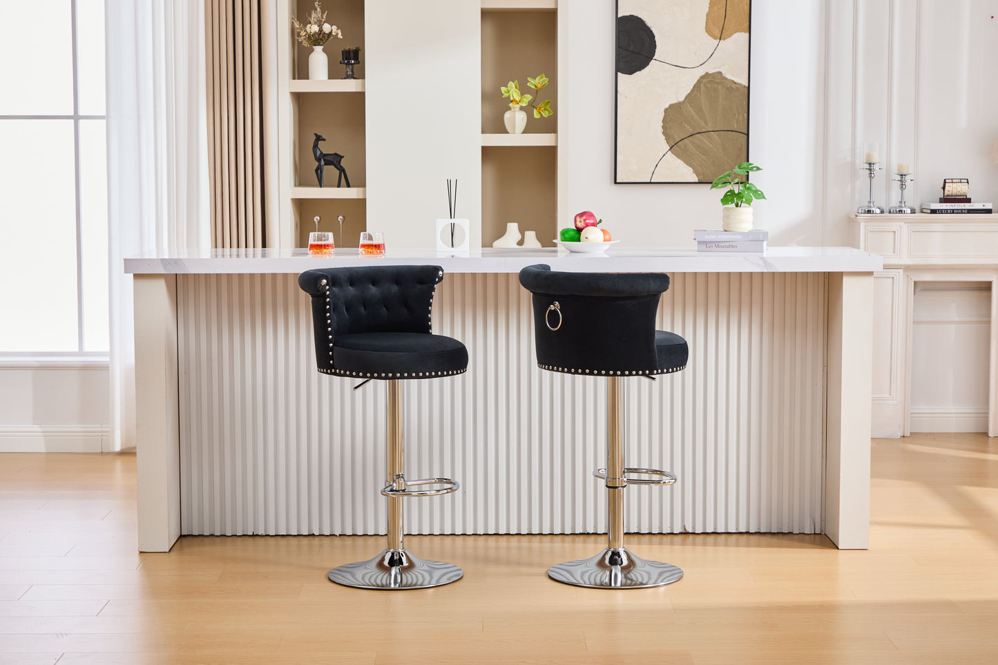 COOLMORE Velvet Bar Stool Set of 2, Adjustable Swivel Bar Stools with Silver Plated Metal Leg, Chrome Nailhead, Counter Height Chair for Kitchen,Dining Room-海智集-Default-