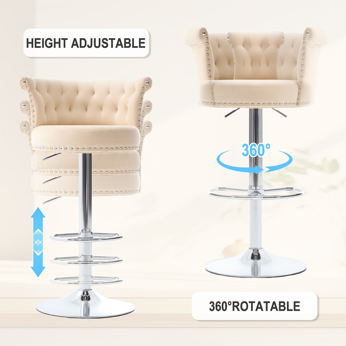 COOLMORE Velvet Bar Stool Set of 2, Adjustable Swivel Bar Stools with Silver Plated Metal Leg, Chrome Nailhead, Counter Height Chair for Kitchen,Dining Room-海智集-Default-