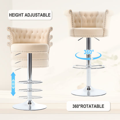 COOLMORE Velvet Bar Stool Set of 2, Adjustable Swivel Bar Stools with Silver Plated Metal Leg, Chrome Nailhead, Counter Height Chair for Kitchen,Dining Room-海智集-Default-