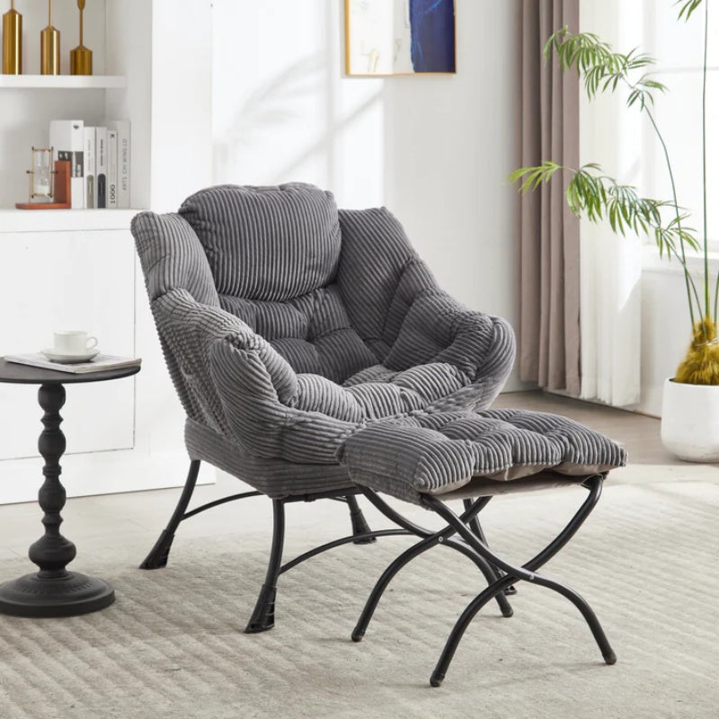 Lazy Chair with Ottoman, Modern Lounge Accent Chair with Armrests and a Side Pocket, Leisure Upholstered Sofa Chair Reading Chair with Footrest for Small Space, Corner Chair-Grey-海智集-Default-