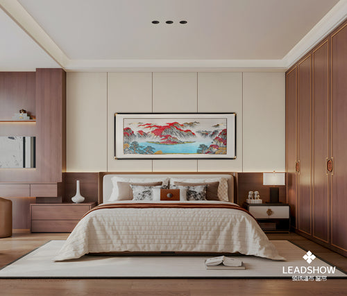 New Chinese Style Wall Art - Hand Painted Ink Landscape Canvas Painting with Wood Frame, Oriental Home Decor for Living Room/Bedroom-海智集-