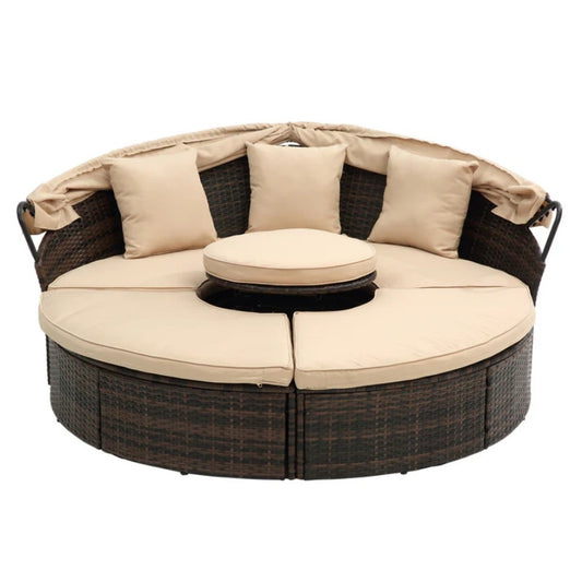 Hot Sale KD Rattan Round Lounge With Canopy Bali Canopy Bed Outdoor, Wicker Outdoor Sofa Bed with lift coffee table-海智集-Default-