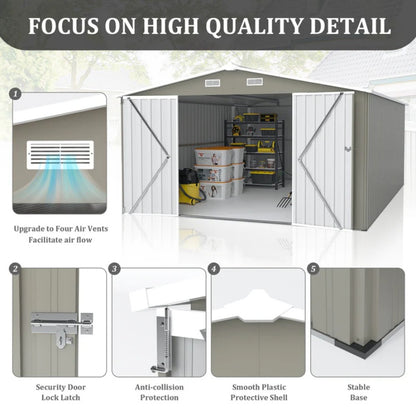 Campcraft Outdoor Storage Shed 10×14 FT with 3 Lockable Doors,Utility Tool Shed Metal Storage Garden Sheds Frame and 4 Vents,for Backyard,Patio,Lawn,Light Grey-海智集-Default-