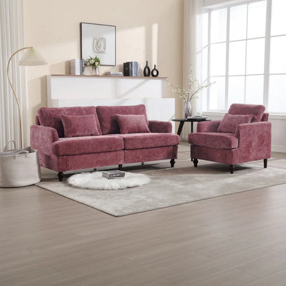 Mid Century Modern Wood Frame Armchair with Tufted Design and Studded Details in Wine Red Chenille Fabric-海智集-Default-