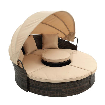 Hot Sale KD Rattan Round Lounge With Canopy Bali Canopy Bed Outdoor, Wicker Outdoor Sofa Bed with lift coffee table-海智集-Default-