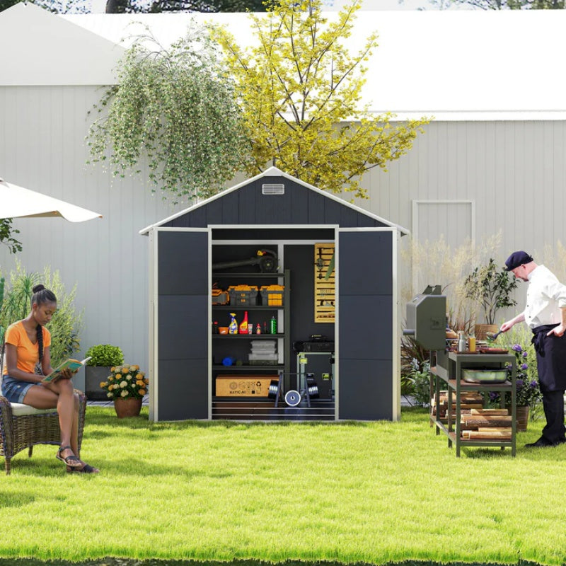 Campcraft 8*8ft resin storage shed, high quality pp material, strong structure, waterproof, rust and UV proof, large storage space, 12mm thick pp board, HD window lighting Dark gray-海智集-Default-