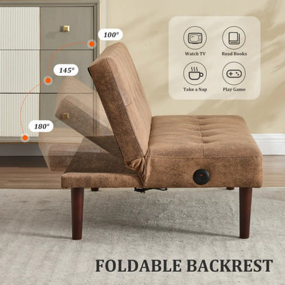 Foldable Fashion Sofa Bed High End Flannel Fabric Back Adjustable Sofa Recliner Futon, Modern Fashion Sofa with Charging Port, Suitable for Living Room Bedroom Office (Coffee color)-海智集-Default-