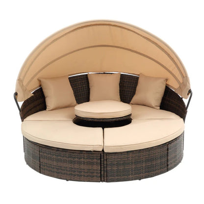Hot Sale KD Rattan Round Lounge With Canopy Bali Canopy Bed Outdoor, Wicker Outdoor Sofa Bed with lift coffee table-海智集-Default-