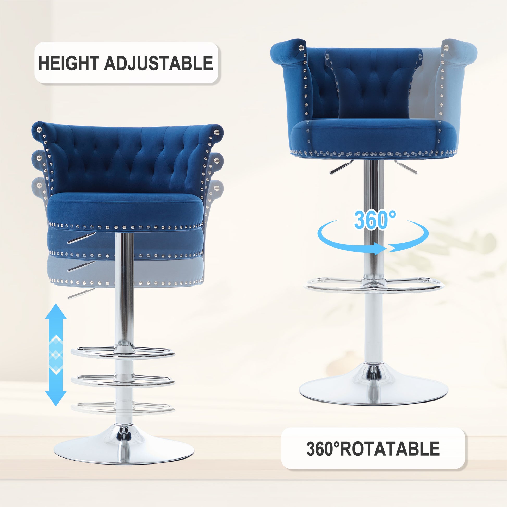 COOLMORE Velvet Bar Stool Set of 2, Adjustable Swivel Bar Stools with Silver Plated Metal Leg, Chrome Nailhead, Counter Height Chair for Kitchen,Dining Room-海智集-Default-