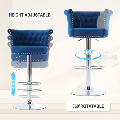 COOLMORE Velvet Bar Stool Set of 2, Adjustable Swivel Bar Stools with Silver Plated Metal Leg, Chrome Nailhead, Counter Height Chair for Kitchen,Dining Room-海智集-Default-
