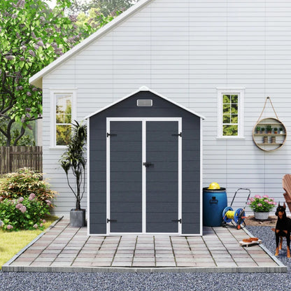 Campcraft 6*6ft resin storage shed, high quality pp material, strong structure, waterproof, rust and UV proof, large storage space, 12mm thick pp board, HD window lighting Dark gray-海智集-Default-