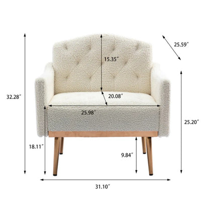 COOLMORE Modern Accent Chair with Arms, Tufted Decorative Fabric Armchair with Gold Metal Legs, Upholstered Reading Chair for Living Room Bedroom Office (White Teddy)-海智集-Default-