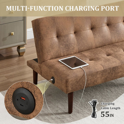Foldable Fashion Sofa Bed High End Flannel Fabric Back Adjustable Sofa Recliner Futon, Modern Fashion Sofa with Charging Port, Suitable for Living Room Bedroom Office (Coffee color)-海智集-Default-